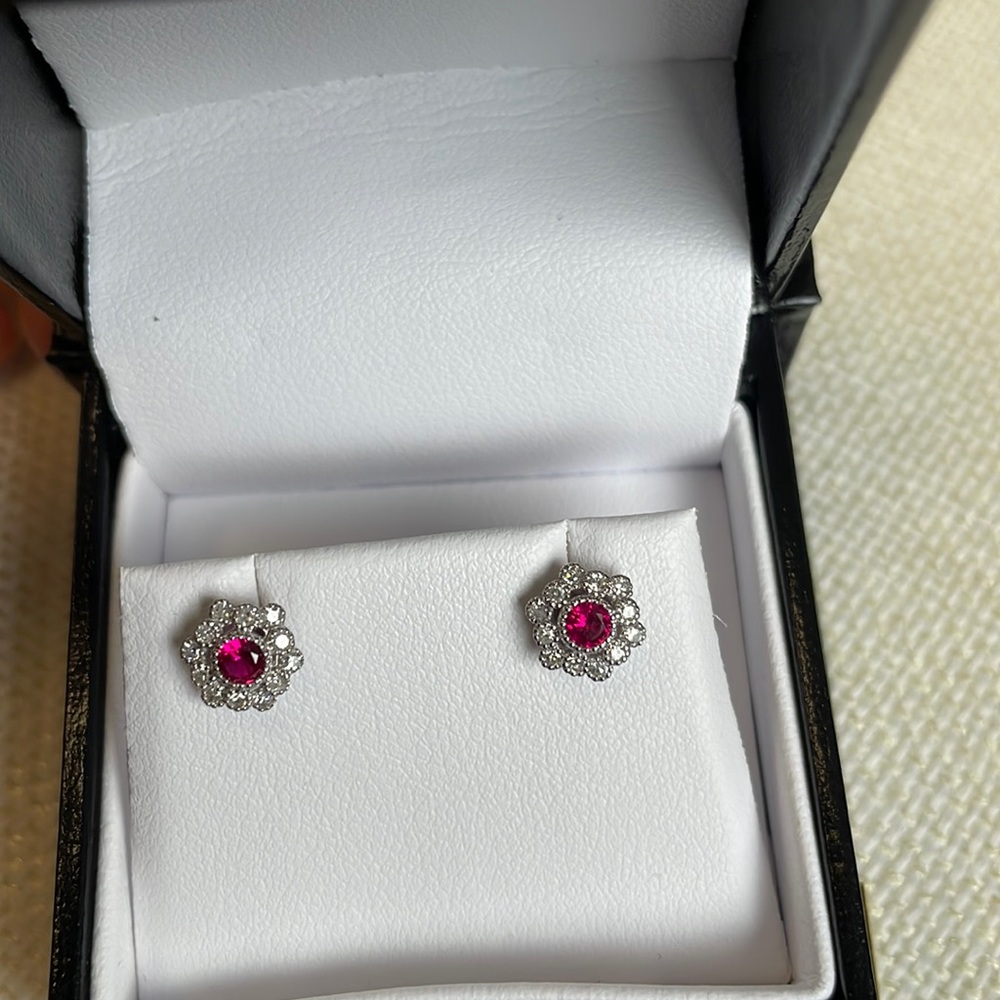 Genuine Diamond & Ruby Earrings in 14 K white gold setting. Push backs.